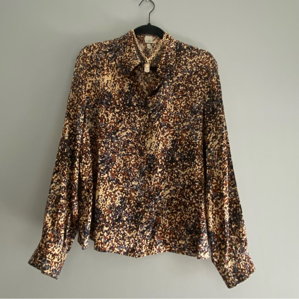 ANNE KLEIN Size 12 Brown Satin Button Up Blouse Top Shirt Women Long Sleeve